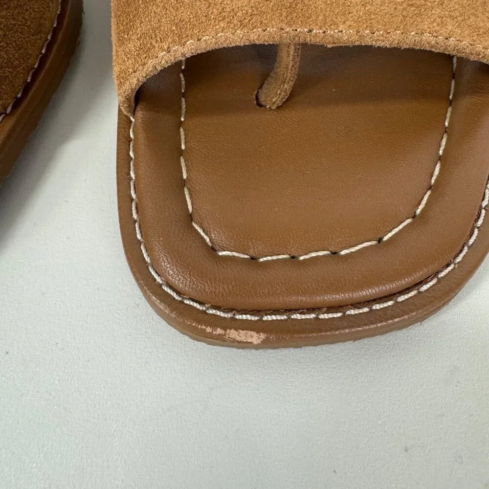 Donald Pliner Jaylyn Sandals Tan Open Toe Sz 7.5 Thong Suede Heels Slip On - Picture 6 of 11